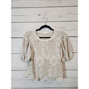 Solitaire Women's White Beige Floral Embroidered Puffed Sleeve Blouse Size Small